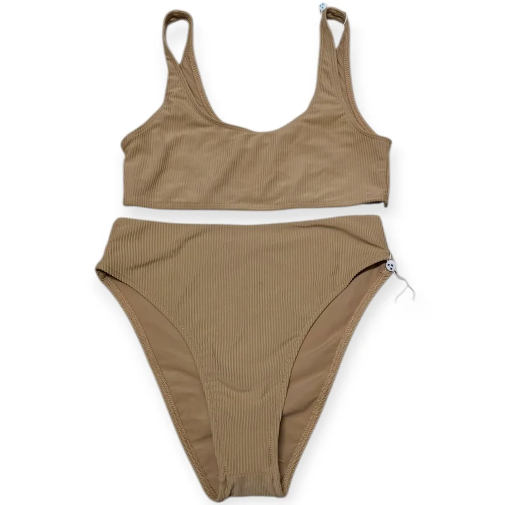 NWT Frankie's Bikinis Ribbed Connor Top & Jenna Bottom in Tan Bikini SET